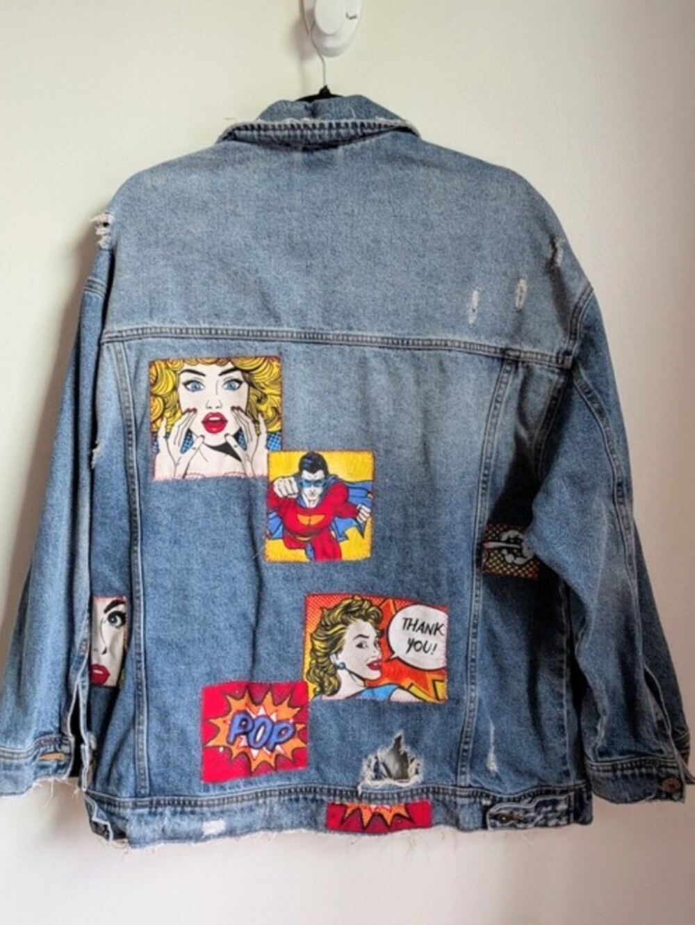 Reworked Light Wash Pop Art Wall Comic Patch Artwork Distress Jeans Jacket Large